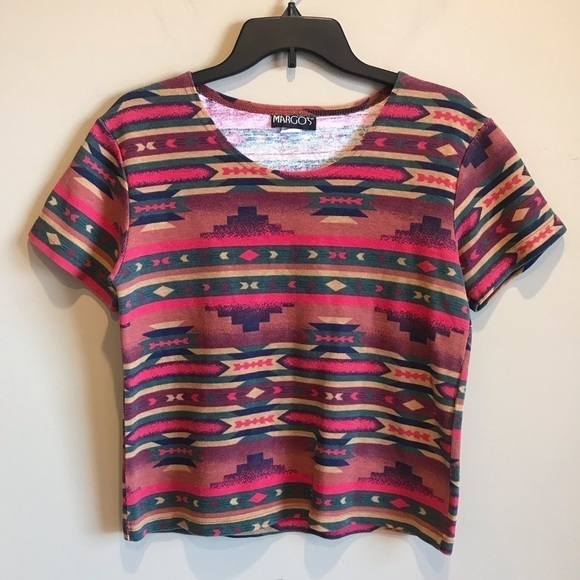 Vintage Margos Southwest Print Short Sleeve Top - Picture 1 of 4